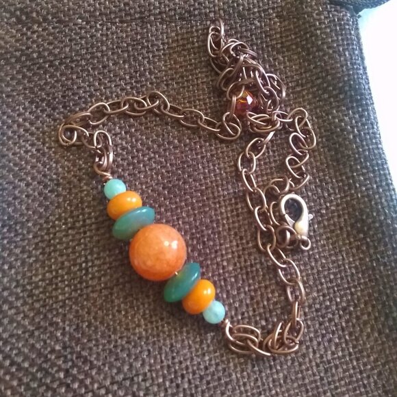 Minimalist Bar Necklace 19" ~ Vibrant Green & Tangerine Hues - Mixed Media Beads - Picture 1 of 8